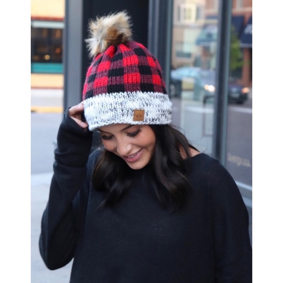SOLD OUT Red & Brown Buffalo Plaid Fleece Lined Beanie - Picture 5 of 5